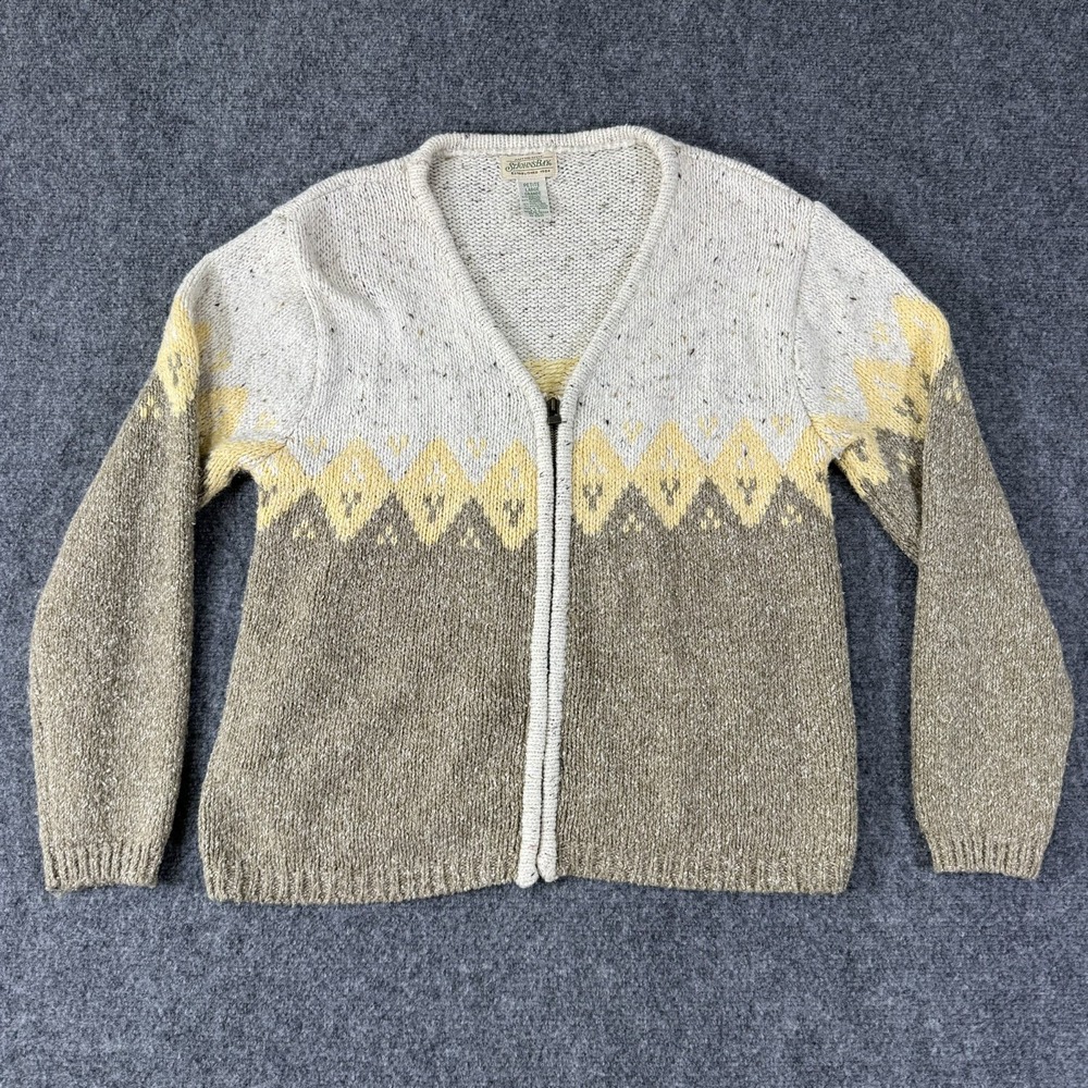 Vintage St Johns Bay Zip Cardigan Sweater Petite Large Fair Isle Knit 90s Yellow